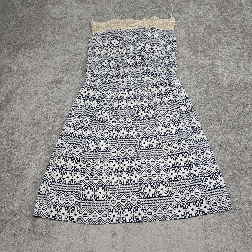 Bobeau Strapless Tribal Print Dress Navy White Gold Crochet Trim Size L